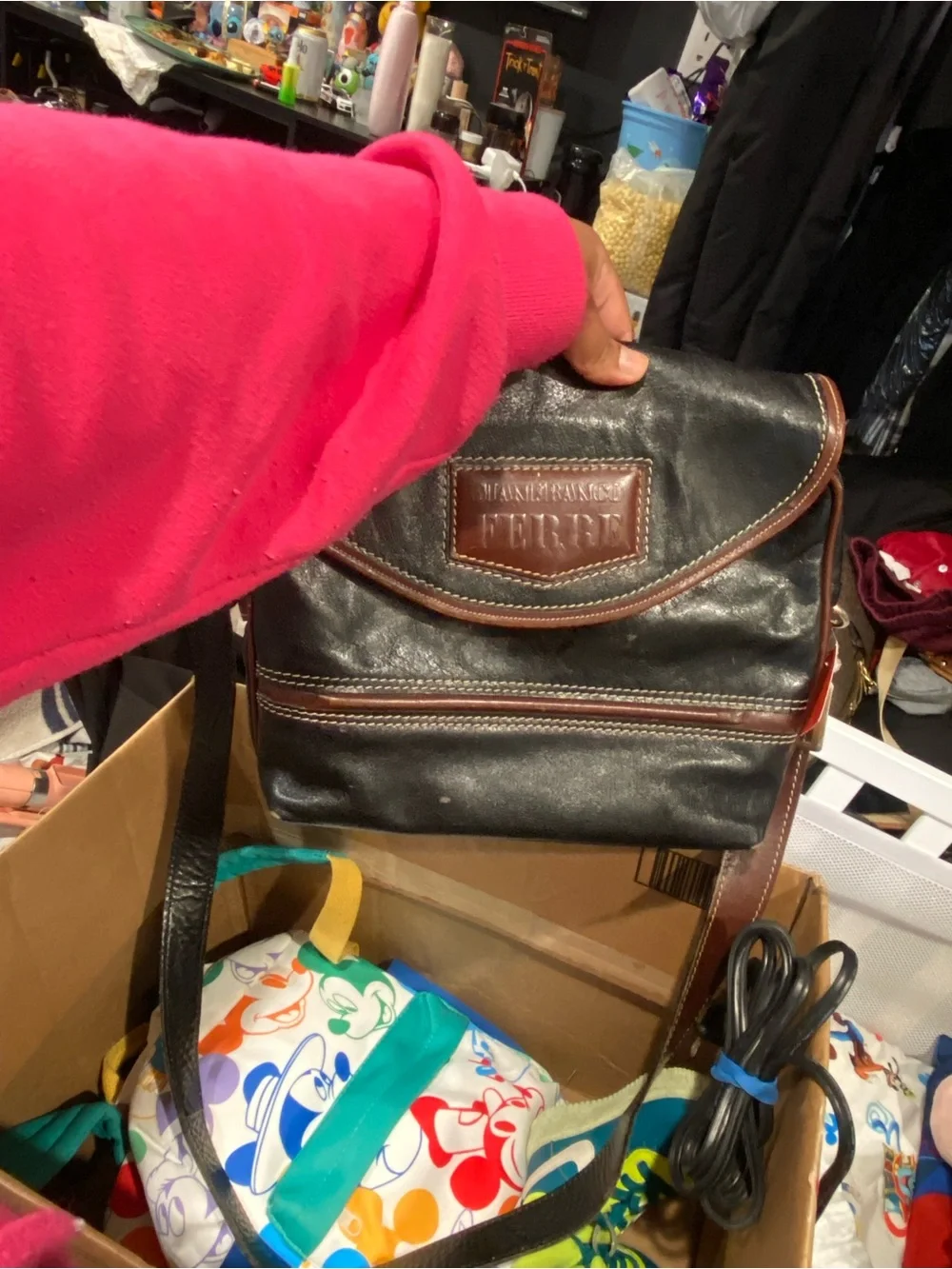 Gianfranco Ferre Black Leather Messenger Bag with Brown Trim